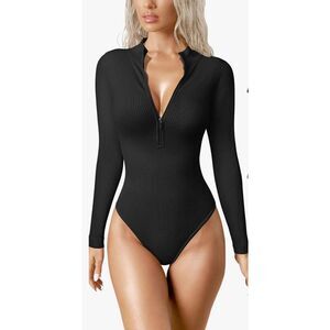 NEW Black Bodysuit Ribbed Zip Front Long Sleeve Top S